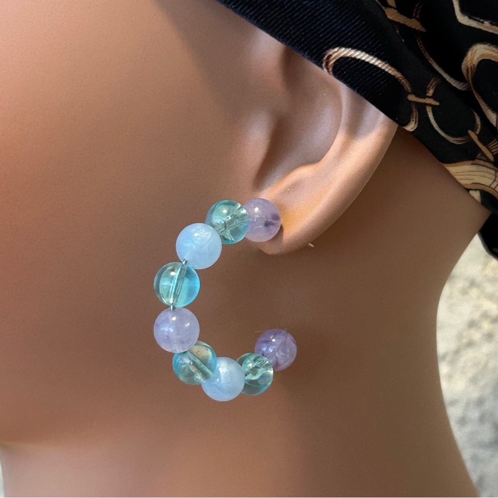 Colorful Teal Aqua and Lavender Beaded Hoop Earrings*